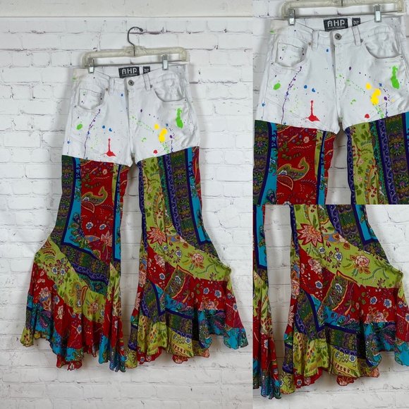 Upcycled AHP Paint Spatter Jeans & Boho Ruffled Bell Bottom Jeans - Picture 1 of 2